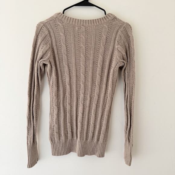 Beige Cable Knit Sweater V Neck Fitted Long Sleeve Cotton Ribbed Y2K Preppy XS - Picture 9 of 11